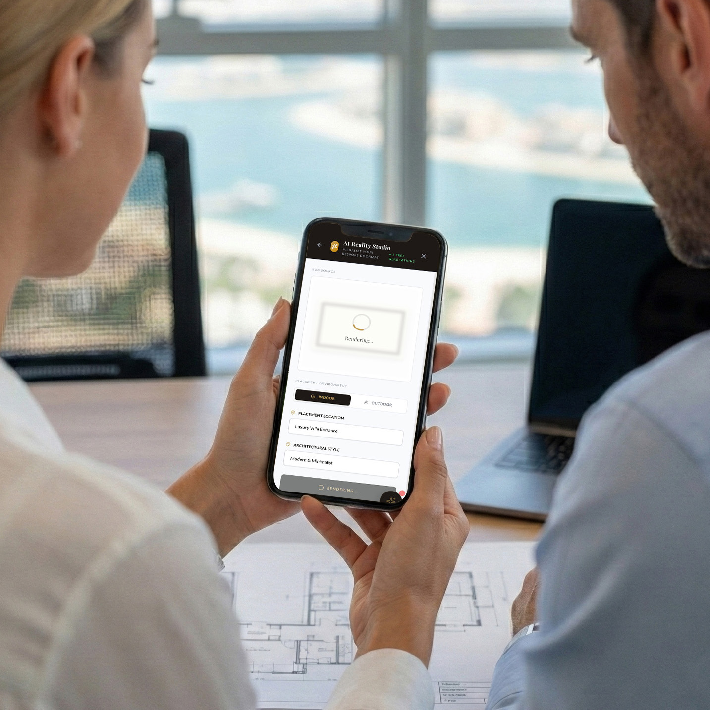 Due progettisti guardano il configuratore TailorMats sul telefono, sopra una planimetria